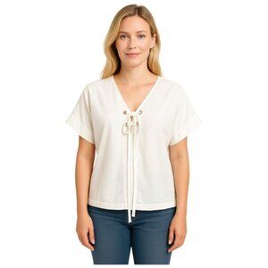 Uterque Made in Spain Medium White Lace Up V Neck Short Sleeve Lagonlook  Top